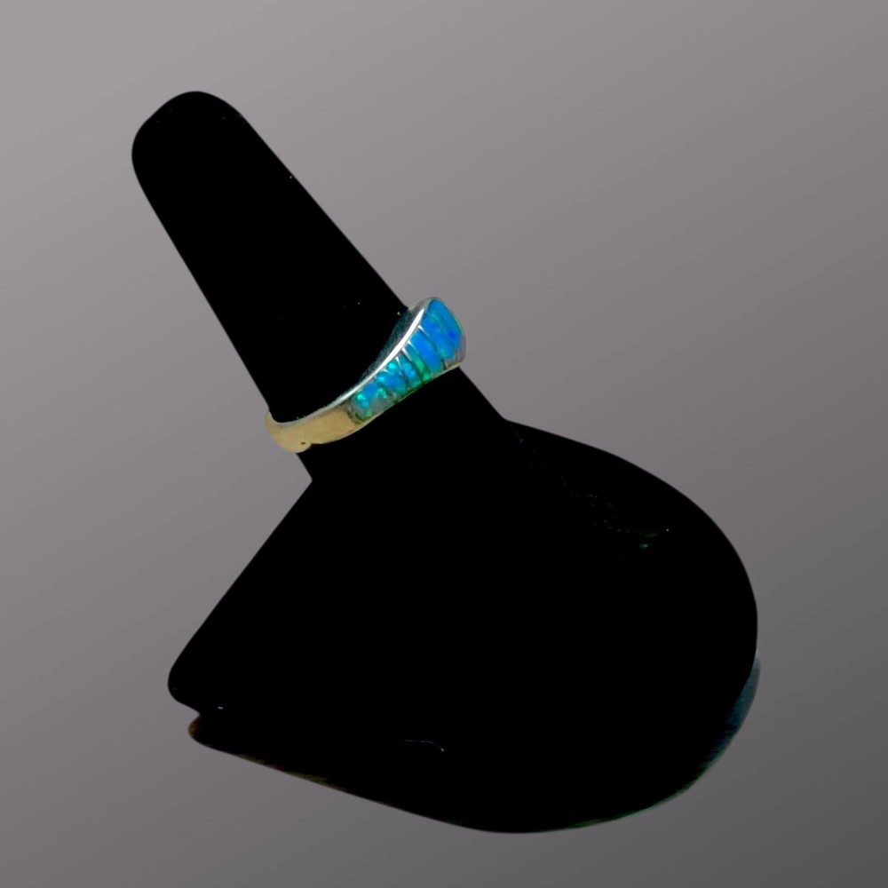 Sterling Silver Inlay Blue Lab Created Opal Band Ring Size 6