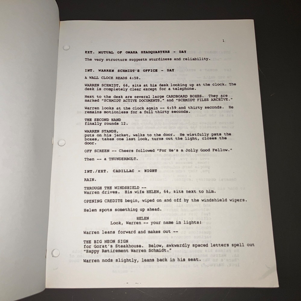 ABOUT SCHMIDT (5/8/2000) Nicholson/Alexander Payne / Bound Agency Draft + COA!