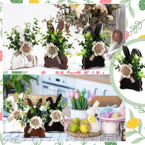Yousoontic 3 Pcs Easter Table Decorations Rustic Wooden Easter Front Bunny