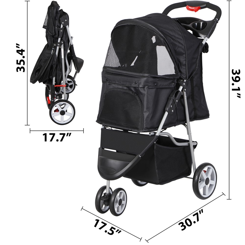 3/4-Wheels Foldable Pet Stroller Dog Cat Stroller w/Storage Basket & Cup Holder