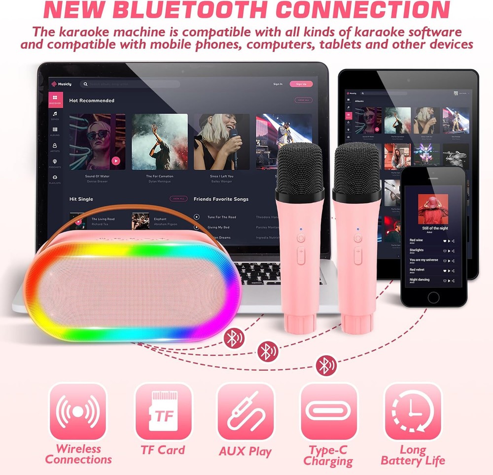 Mini Karaoke Machine - Bluetooth Portable Karaoke Speaker with 2 Wireless Mics