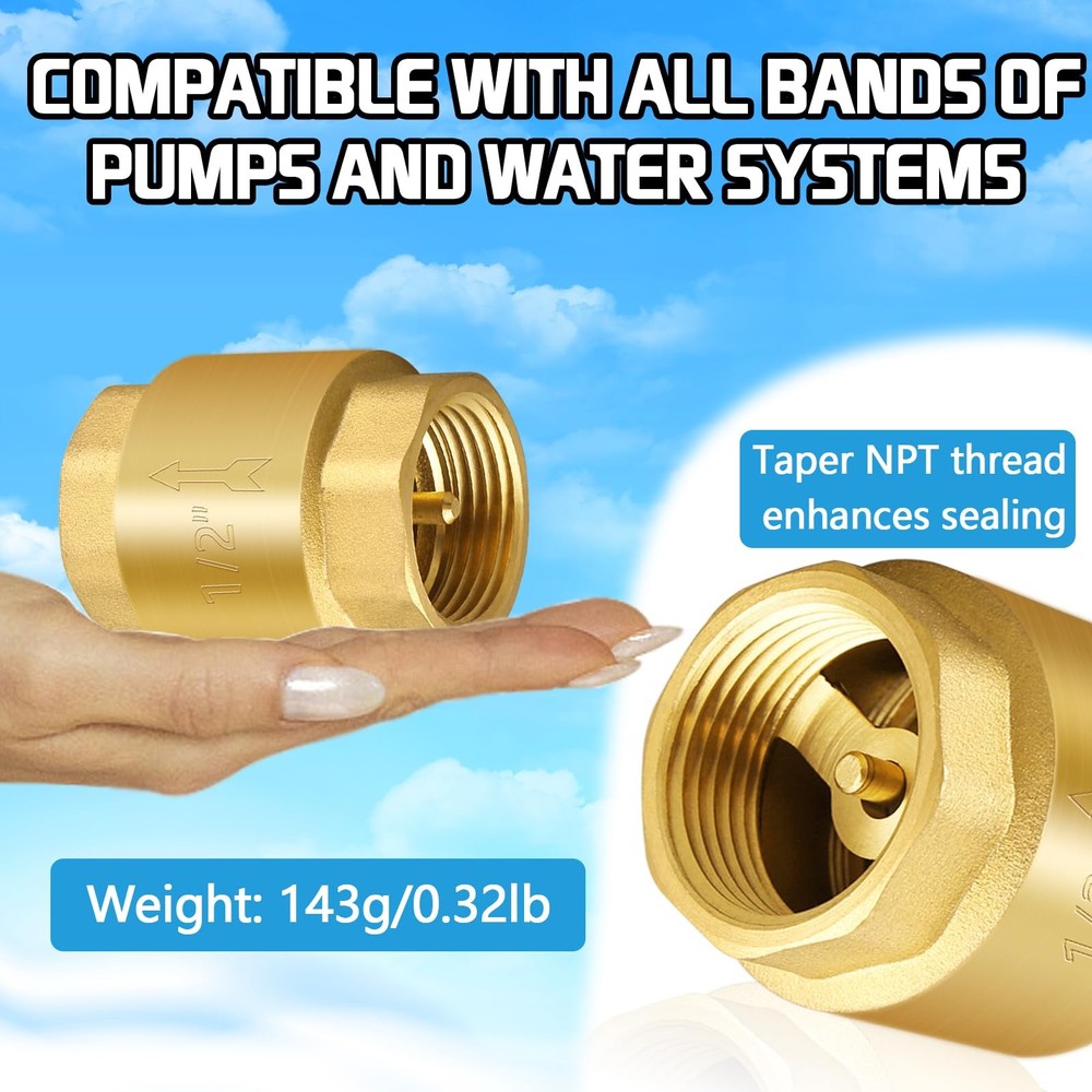 Boltigen 2PCS Solid Brass Spring Check Valve, 1/2 Inch NPT Female 1/2''