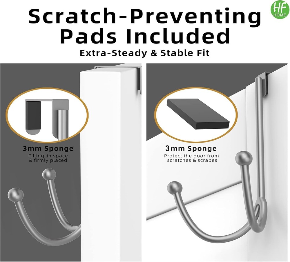 Space-Saving 2-Pack Over-Door Metal Hooks with Anti-Scratch Pads, Silver