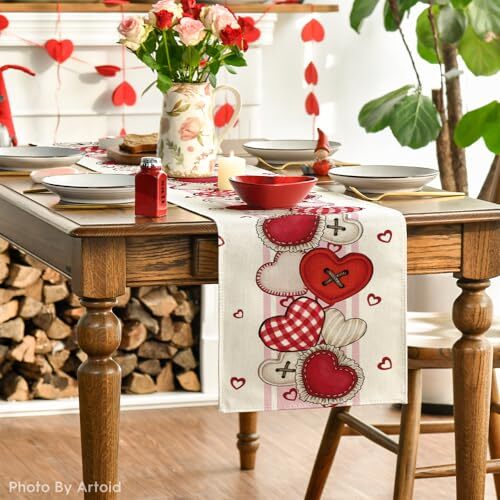 Heart-Shaped Buttons Valentine's Day Table 13" x 72", Table Runner Pink