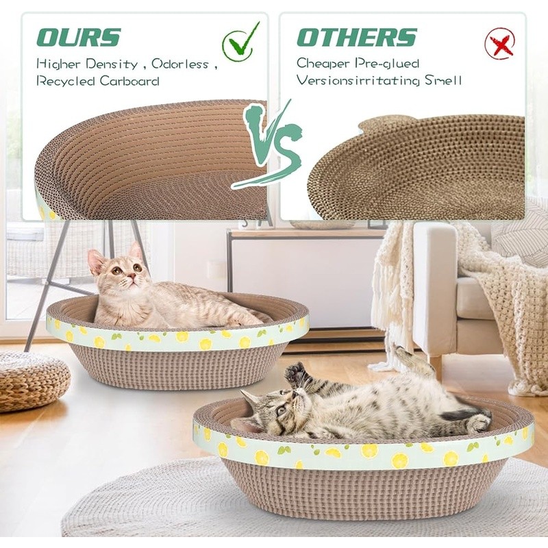 Cozy Oval Cat Bed W/ Slanted Support & Durable Scratching Pad Indoor Use