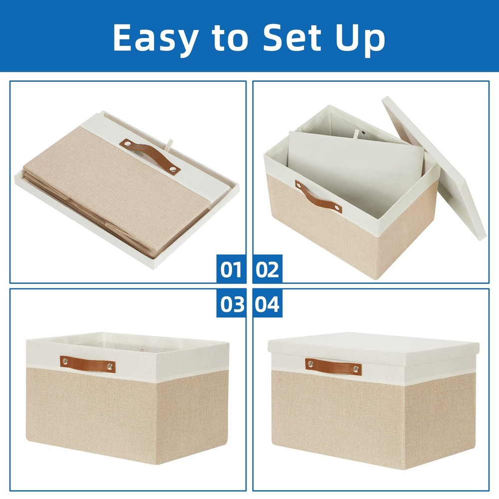 Temary Foldable Storage Bins with Lids 2-Pack, Large Baskets - White & Khaki