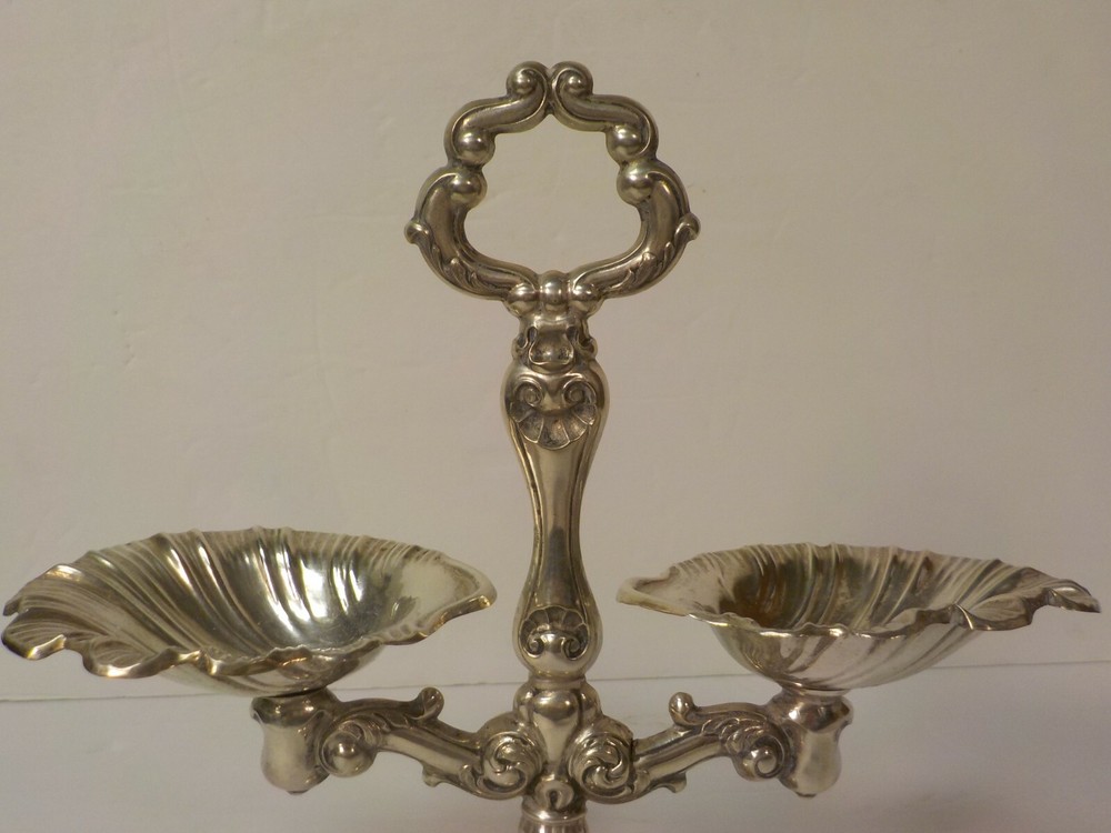 Antique Continental Sterling Silver Double Salt Cellar, Shell Bowls