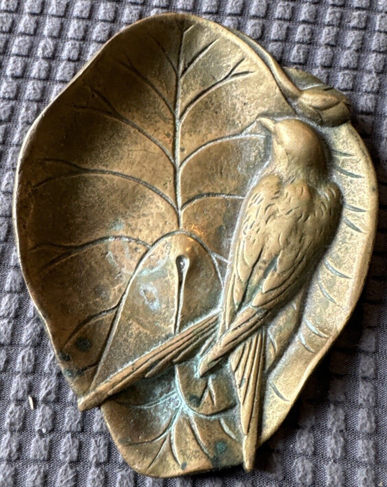 Antique Brass Ashtray -Bird On Leaf