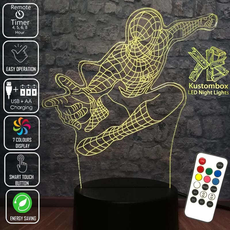 SPIDERMAN AVENGERS WEB PERSONALISED NAME USB LED NIGHT LIGHT 7 COLOUR REMOTE