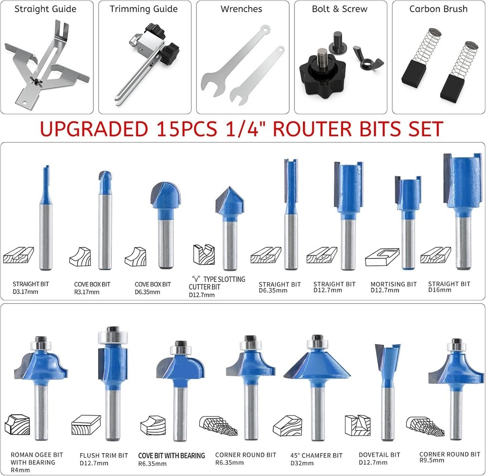800W Compact Wood Router Tool + 15-Piece Carbide Bits