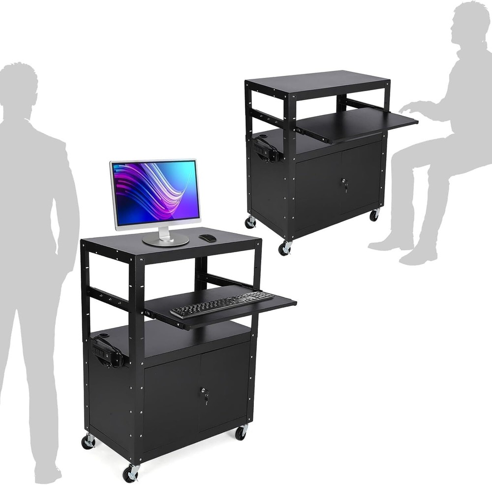 Height Adjustable Rolling AV Cart W/ Lockable Cabinet Pullout Trays Drop Leaves