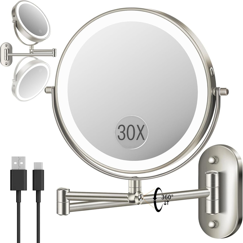 9'' 30X/1X Wall Mounted Lighted Makeup Mirror, Height Adjustable Double Sided...