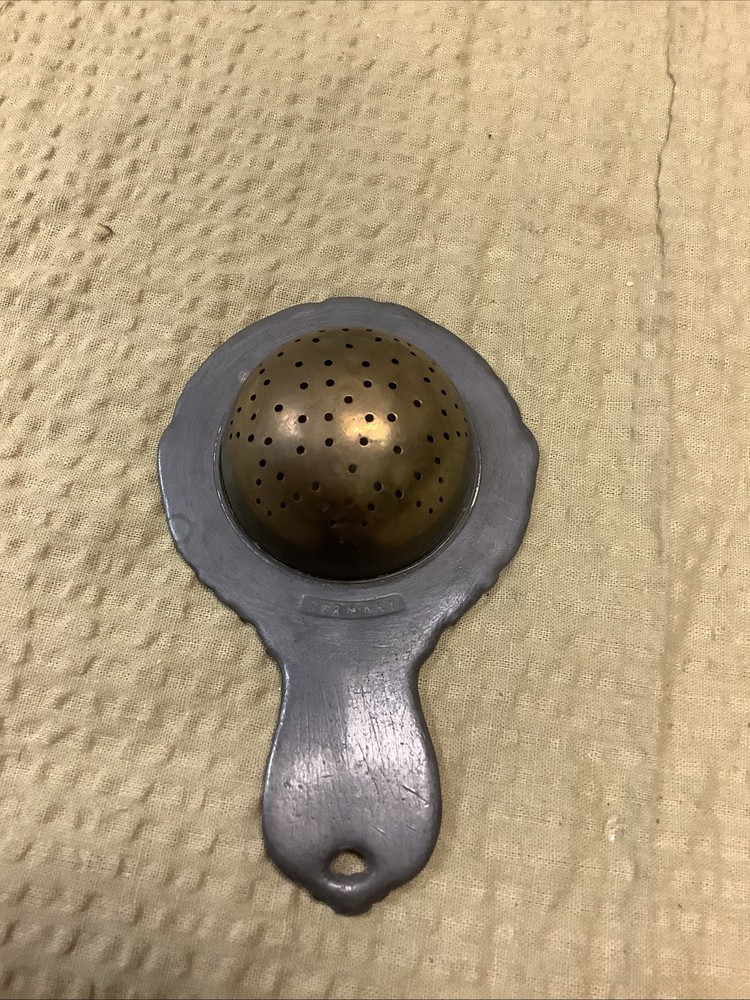 Antique German Silver Brass Tea Strainer 4” repousse'