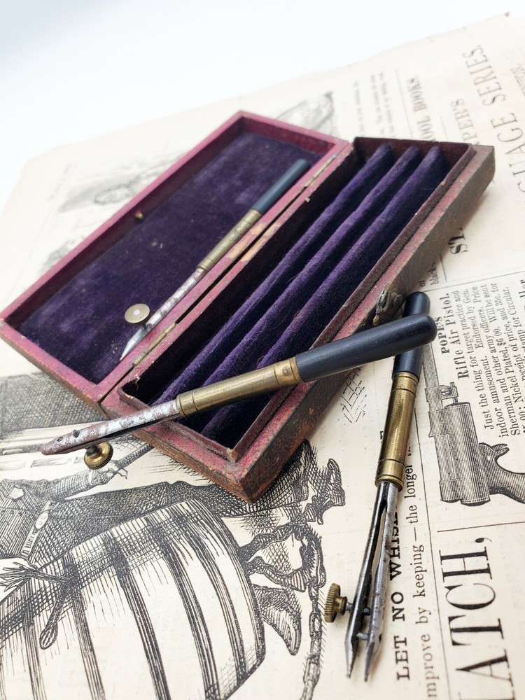 ANTIQUE DRAFTING & DRAWING INSTRUMENT 1800s EBONY HANDLE SET PEN TOOL ENGINEER
