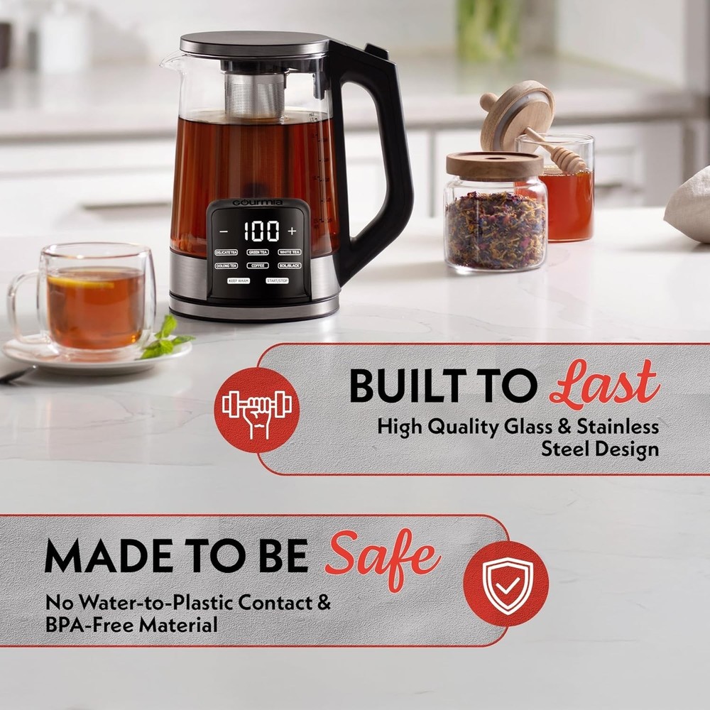Electric Glass Kettle – 1.7L Programmable Tea & Coffee Brewer with Digital To...