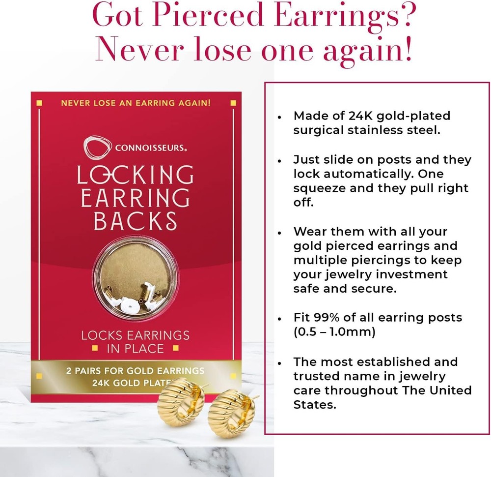CONNOISSEURS Locking Earring Backs - Hypoallergenic Gold