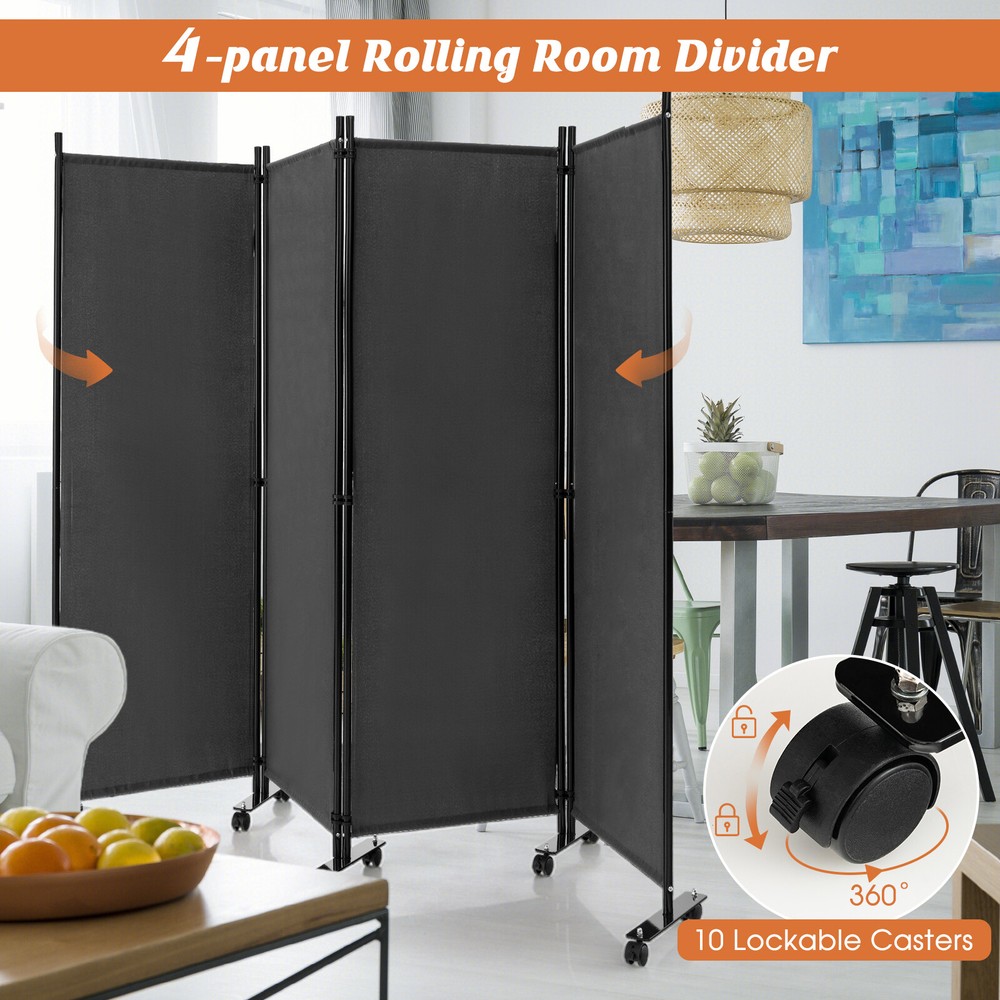 4-Panel Folding Room Divider 6FT Rolling Privacy Screen w/ Lockable Wheels Grey