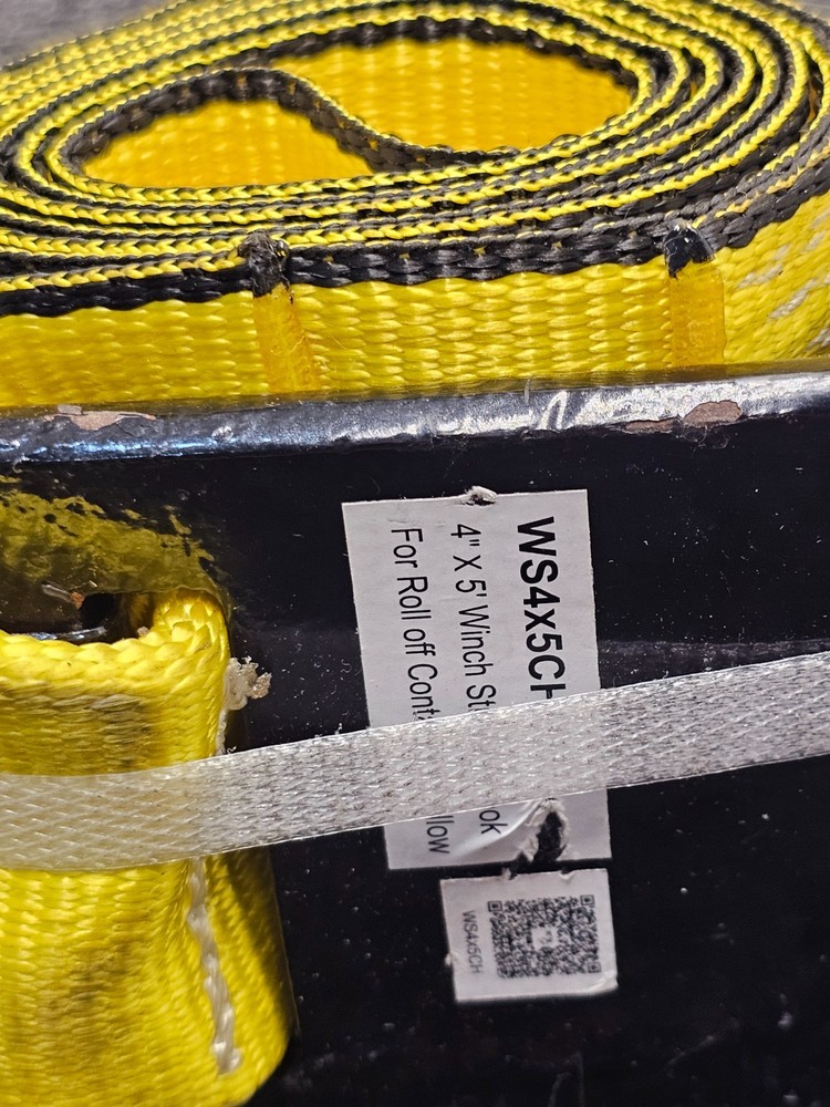 WS4X5CH 4" x 5' Roll Off Container Yellow Winch Strap w/ Large Flat Hook