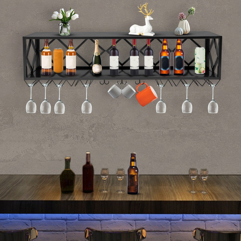 Wall Mounted Wine Rack Mugs Hanger Goblets Holder Storage Shelf Black