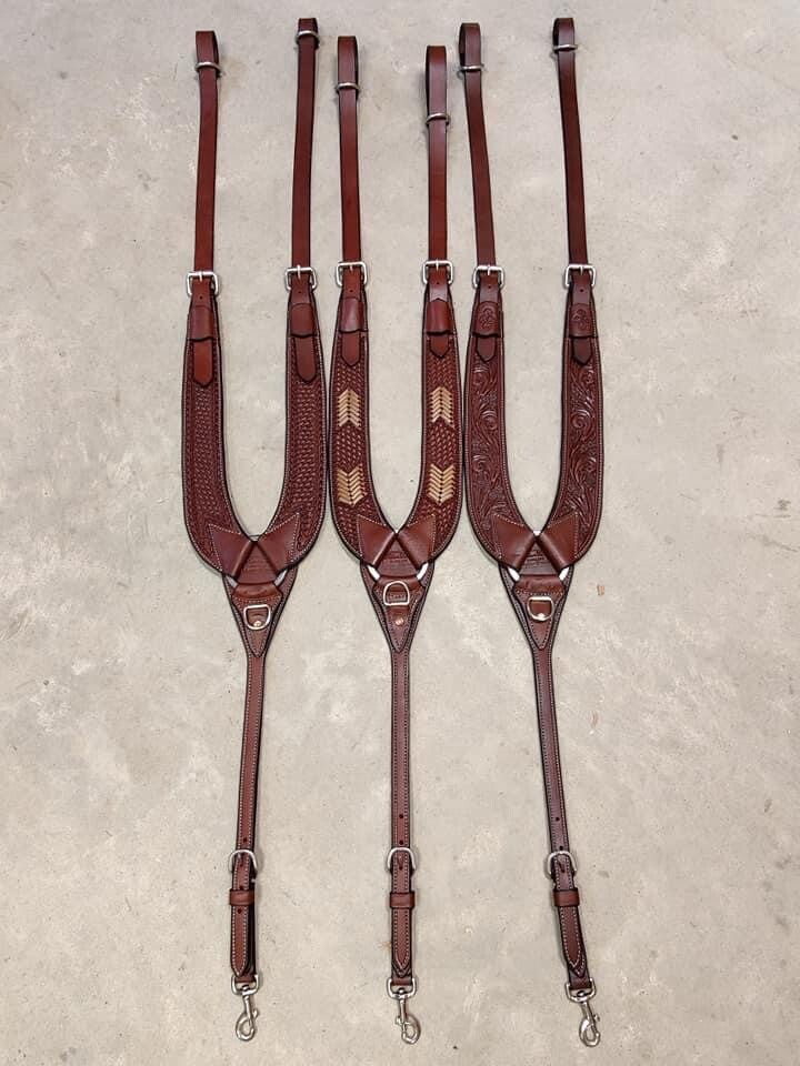Western Brown Leather Tooled , carved & Rawhide Braided Pulling Breast Collar