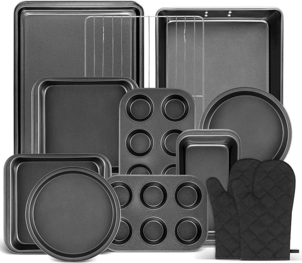 12PCS Nonstick Baking Pans Set Stackable Bakeware Sets W/ Wider Grip Carbon