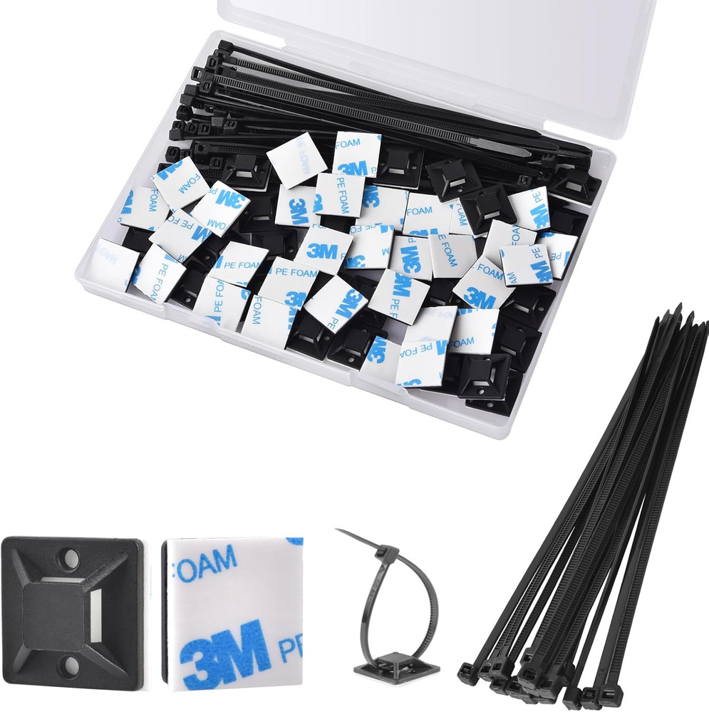 Strong Back-Glue Self Adhesive Cable Zip Tie Mounts Kit - 100 Set Cable Manag...