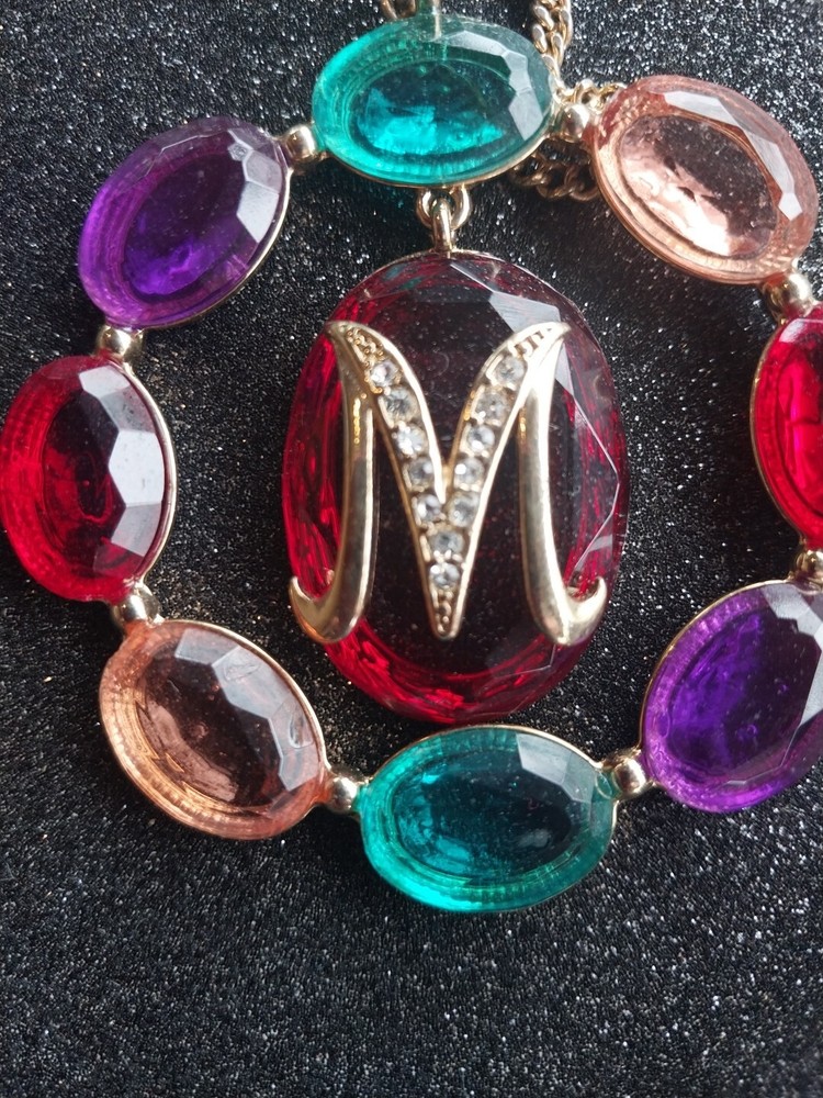 Necklace Letter M Vintage Red Stone