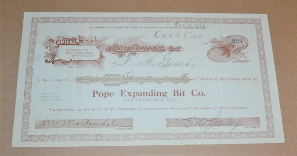 Pope Expanding Bit Co. 1912 stock certificate