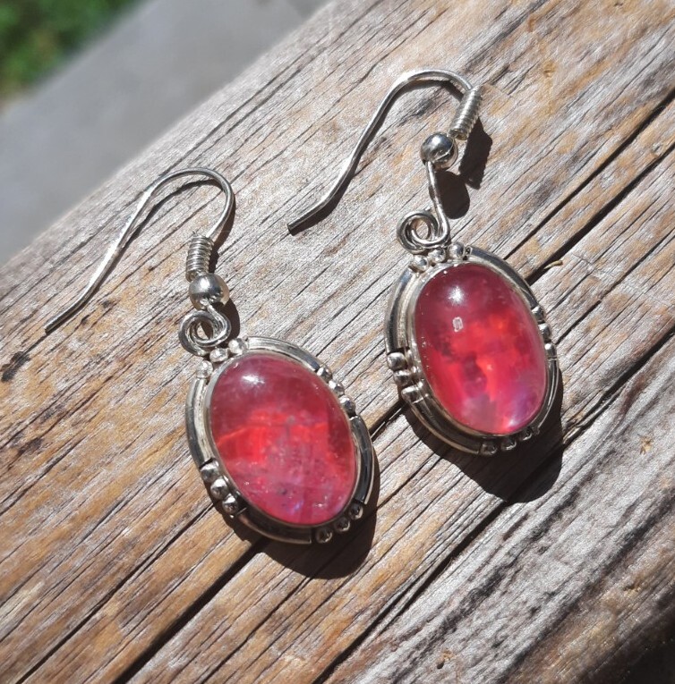 Sterling Southwestern Pink Moonstone Dangling Earrings