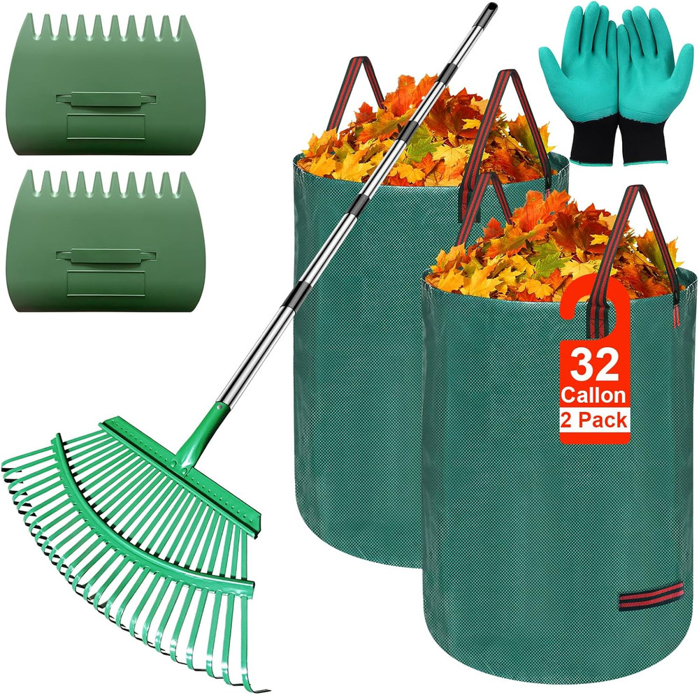 Adjustable Metal Leaf Rake Set – 25 Tines, 38-73" Handle, 19" Wide with 2 Pack 3