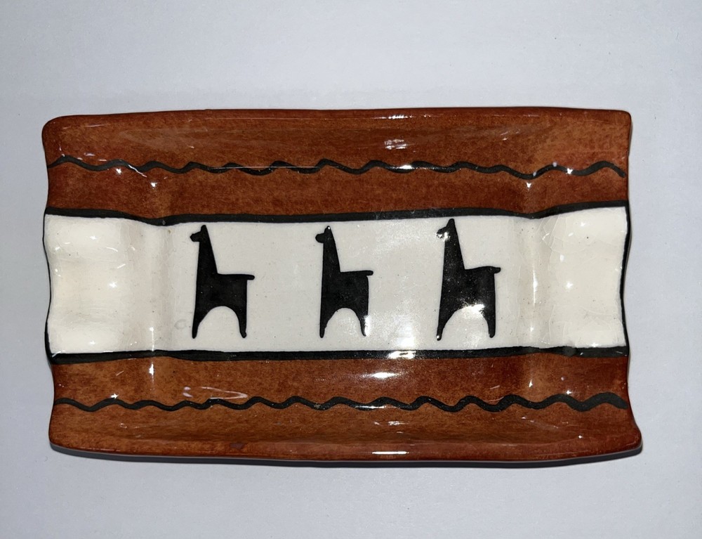 Hand Made Folk Art Pottery Signed Llama Ashtray Lima Peru Mint