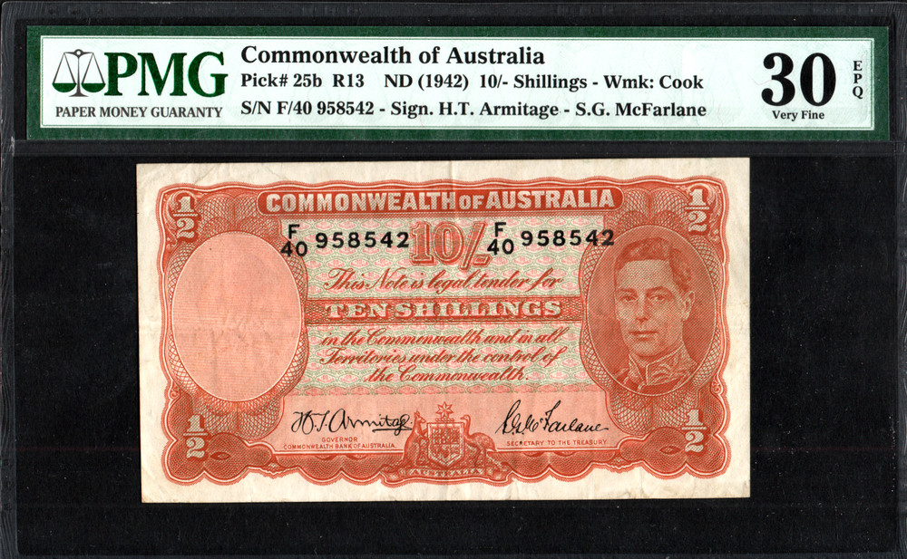 PMG 30 EPQ! AUSTRALIA 1942 P-25b 10 SHILLINGS NOTE