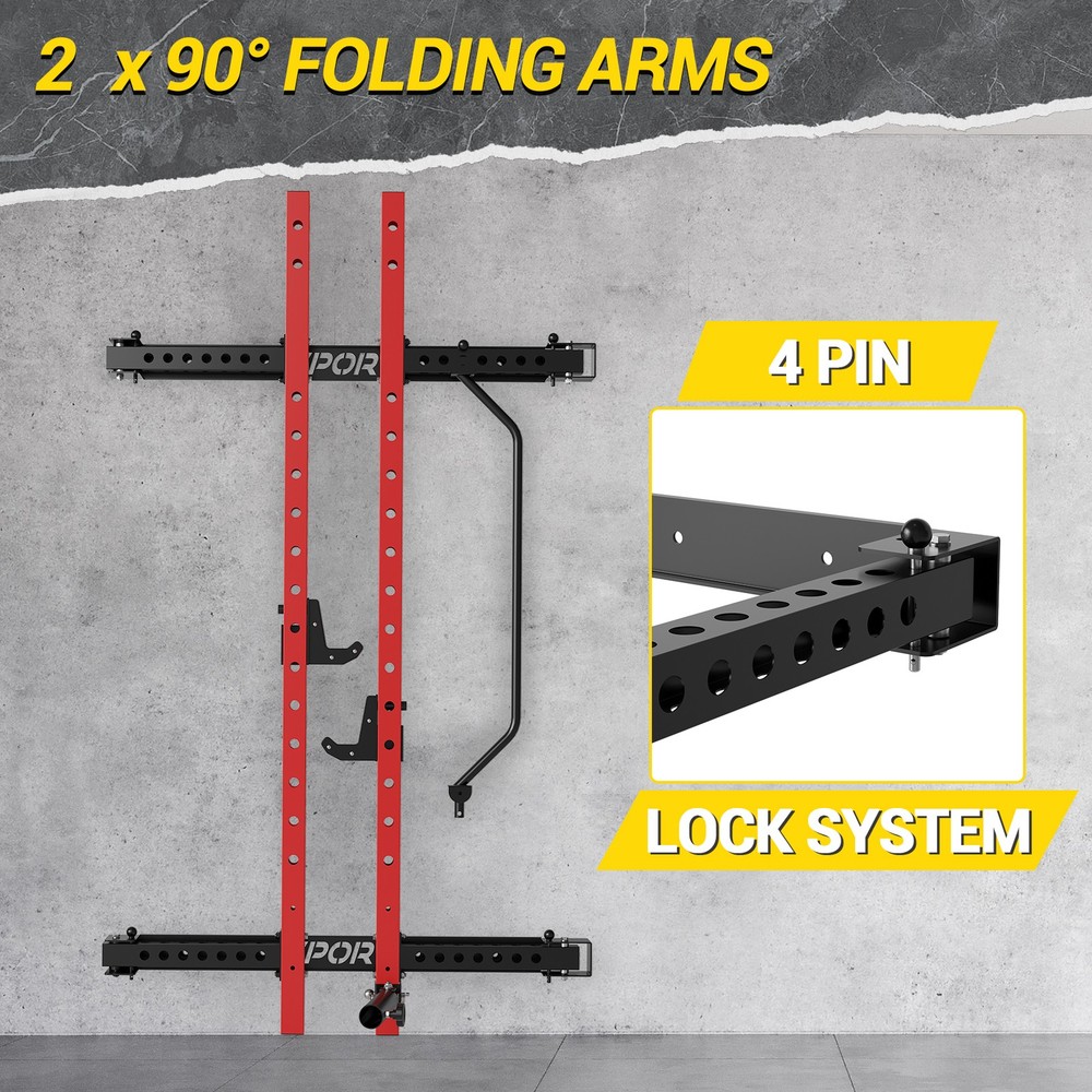 Multi-Function Folding Squat Rack 1000LBS Capacity Wall Mounted with Pull Up Bar
