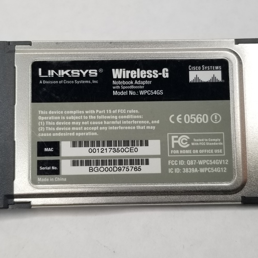 Linksys WirelessG 2.4 GHz Notebook Adapter WPC54GS WiFi