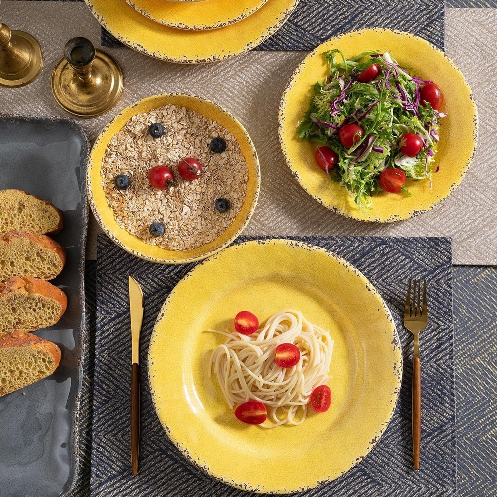 12-Piece Rustic Melamine Dinnerware Set W/ Dinner Plate Salad Plate And Large
