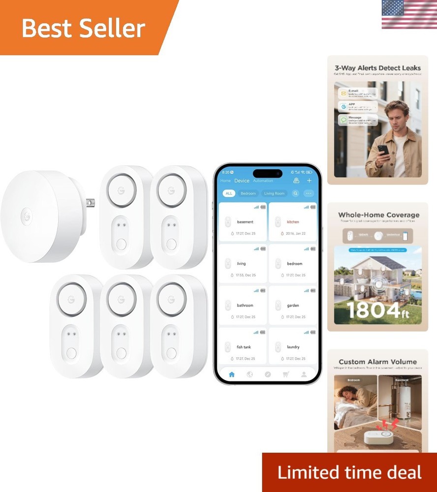 WiFi Water Leak Sensor: 1800ft Coverage, SMS/Email Alerts, 105dB Alarm - 5 Pack