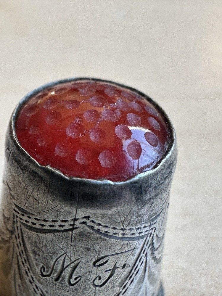 Antique Silver Thimble Carnelian Top Monogram MJ Victorian Sewing