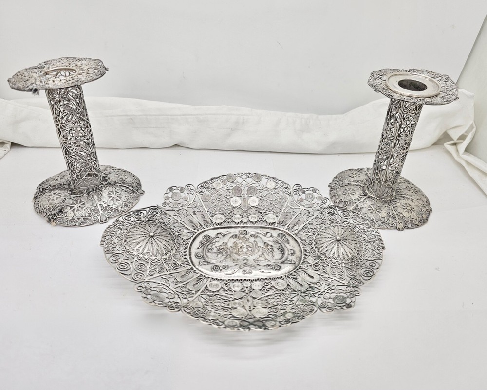 ANTIQUE CHINESE EXPORT SPUN STERLING SILVER CANDY DISH & CANDLESTICKS SET