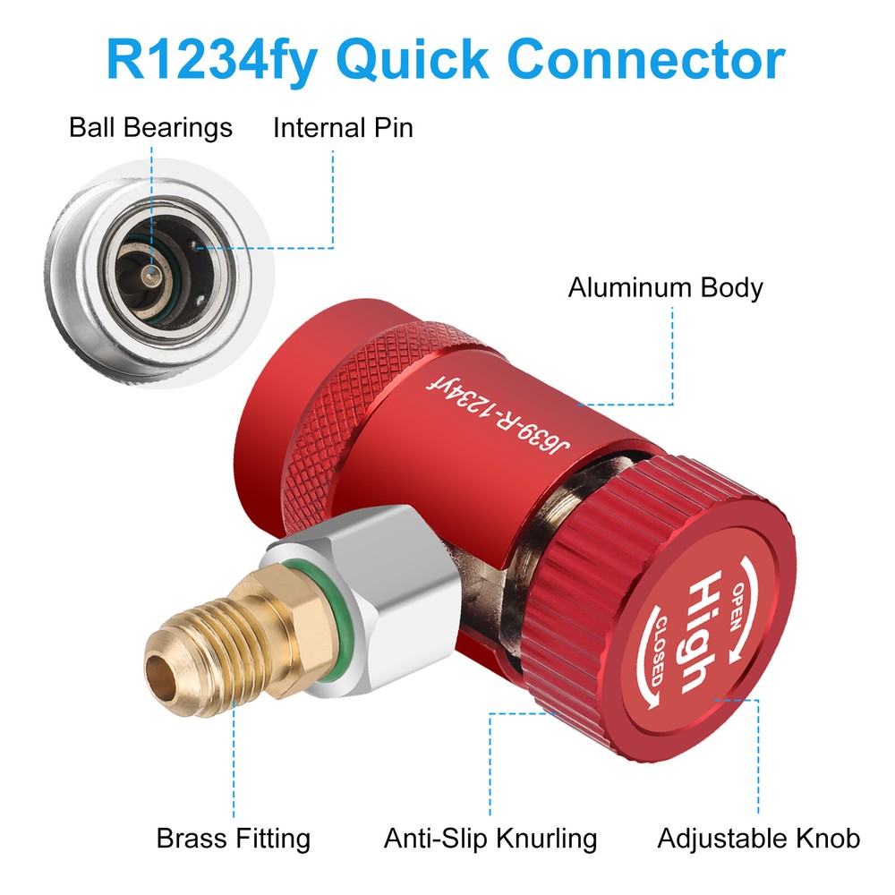 R1234YF Quick Coupler Adapter & 1/4" Flare Fitting, Adjustable HP & LP Connector