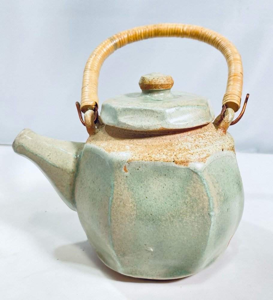 Studio Pottery Celadon Teapot Small Ceramic Rattan Wrapped Handle
