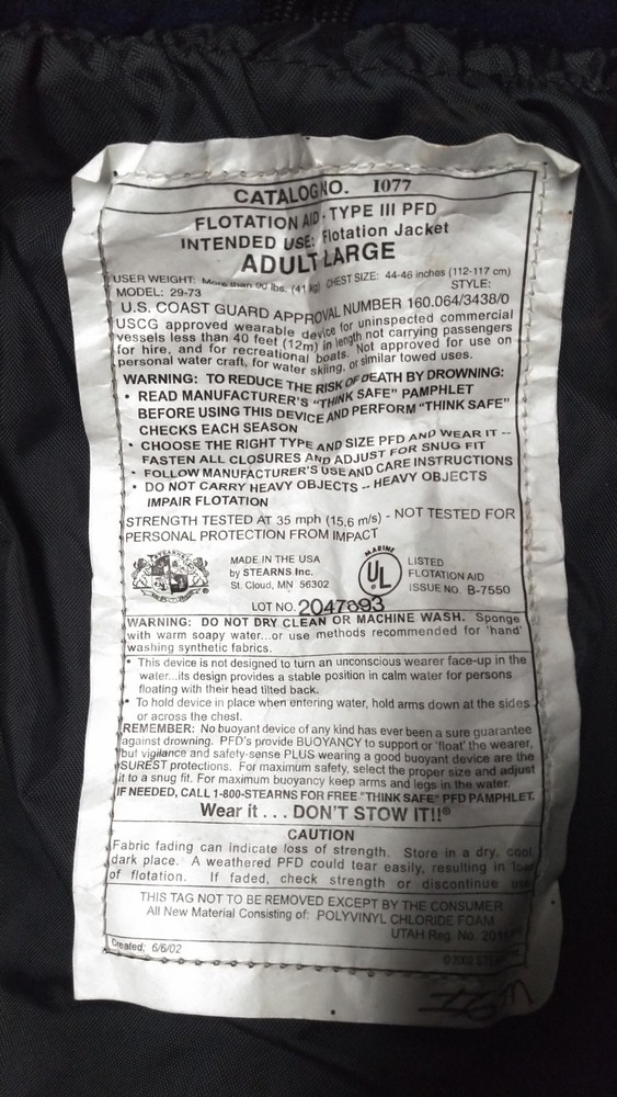 Large Stearns Personal flotation device / Float Coat-New.