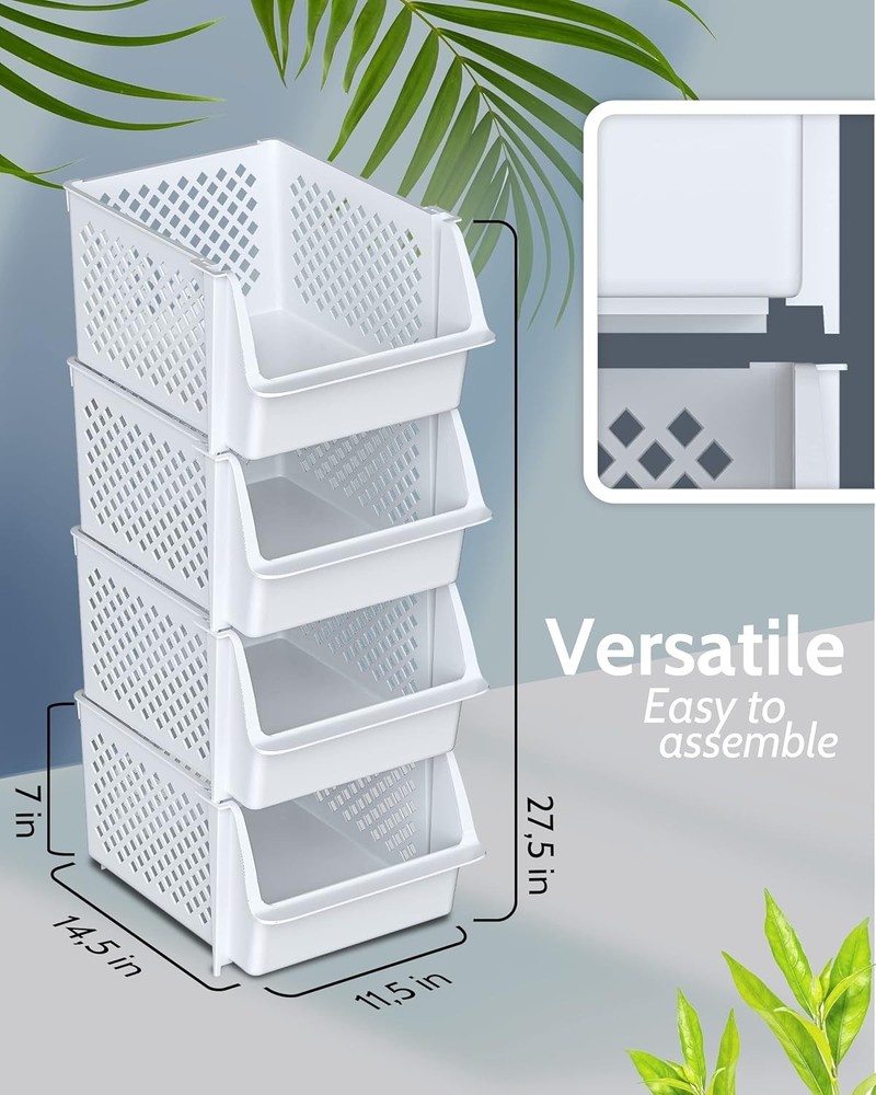TidyFriend Stackable Storage Bins, 4 Pack - White