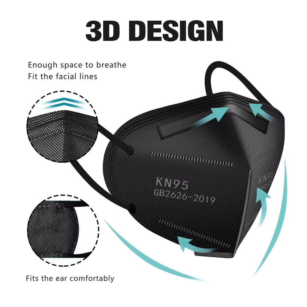 50pcs KN95 Face Masks Black 5-Layer Dust Filter, ≥95% Eff., Breathable