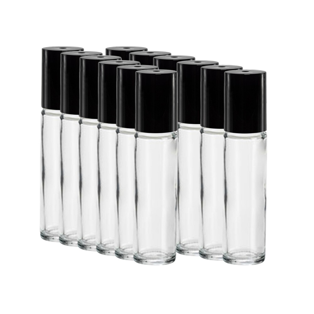 12-Pack Refillable 10ml Glass Roll-On Bottles with Black Caps