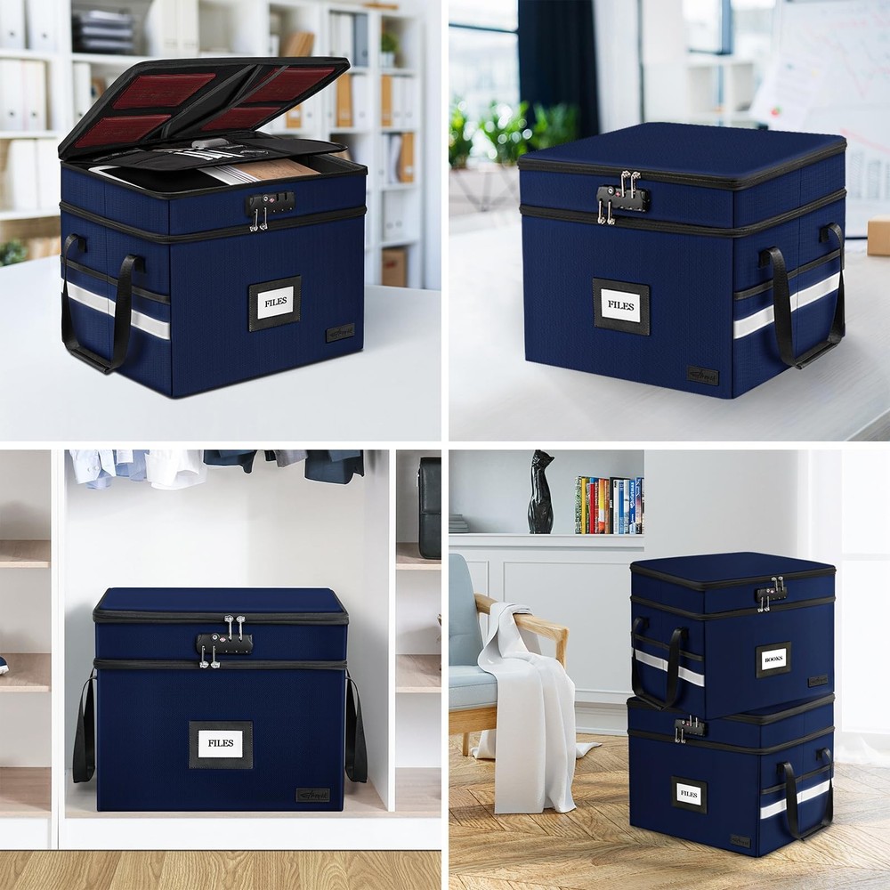 Fireproof Document Box with Lock, 2-Layer File Box Storage Organizer with 5 T...