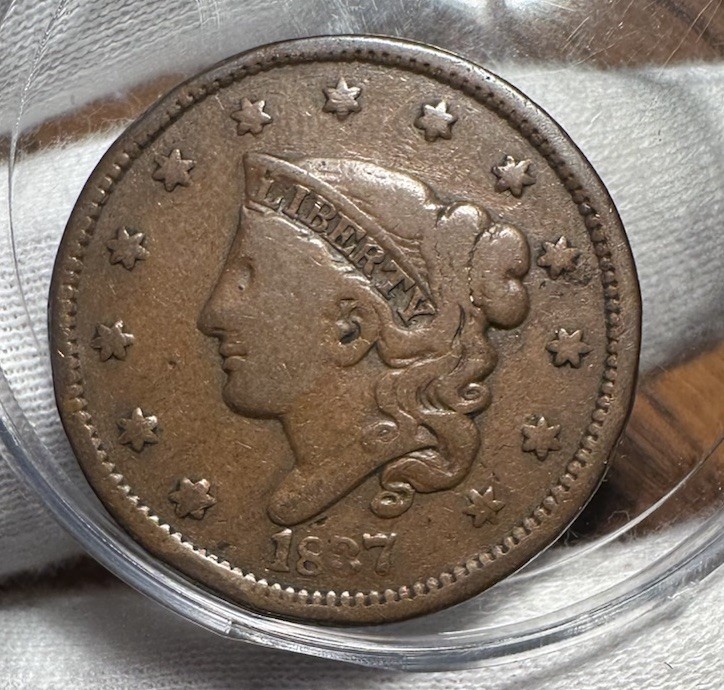 1837 Coronet Head Large Cent Beaded Cords