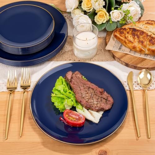 200 Pieces Plastic Plates - Navy and Gold Disposable - Include 200 PCS Blue