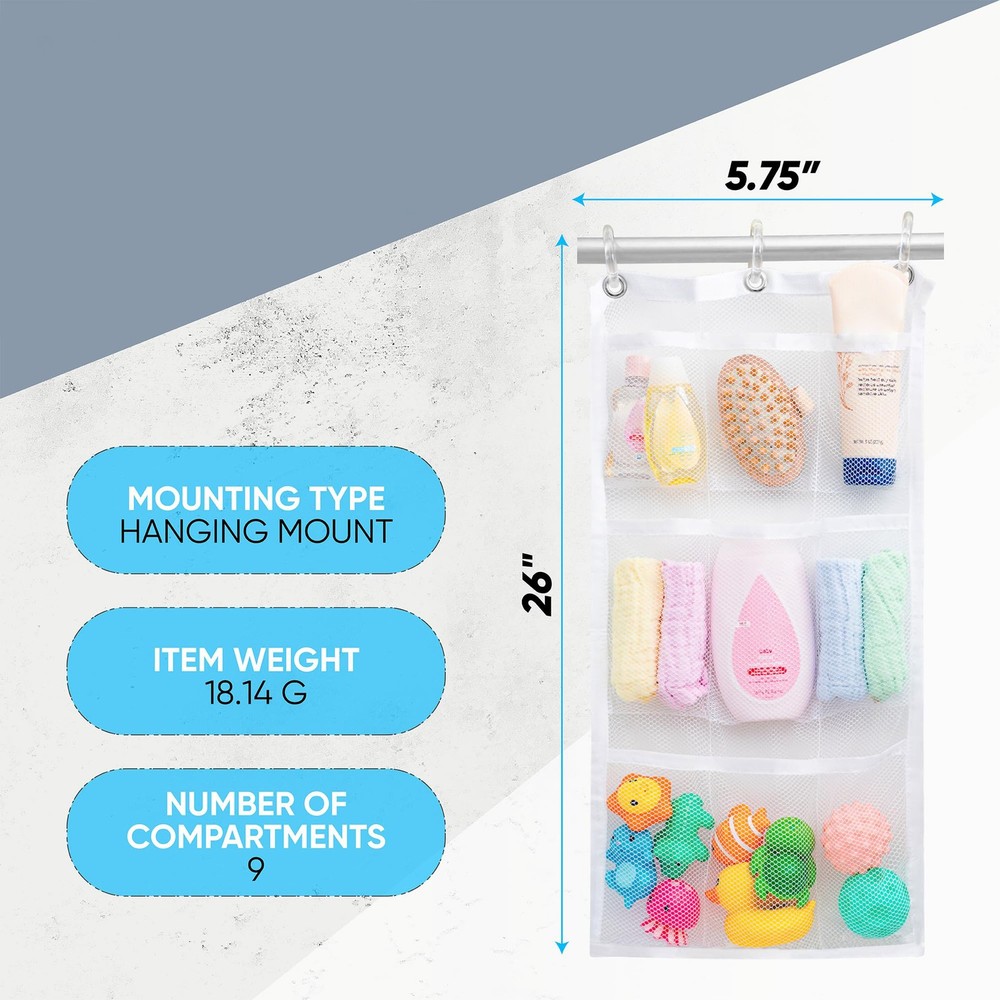 Bathroom Mesh Organizer, 9 Pockets For Toiletries, White
