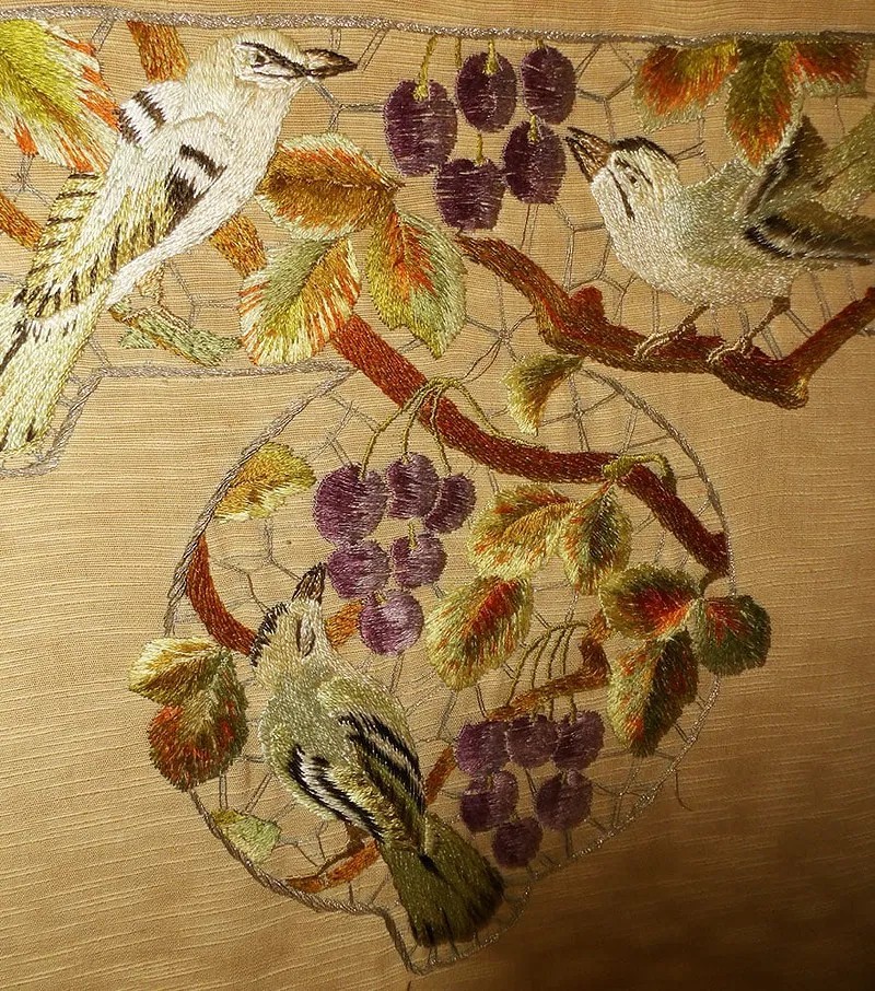 Antique Walnut Fire Screen With Bird Motif Embroidery