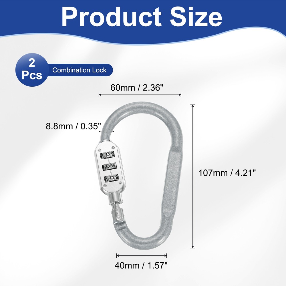 4.2 Inch Length Combination Lock, 2PCS 3 Dial Digit Combo D-Ring Locking, Silver